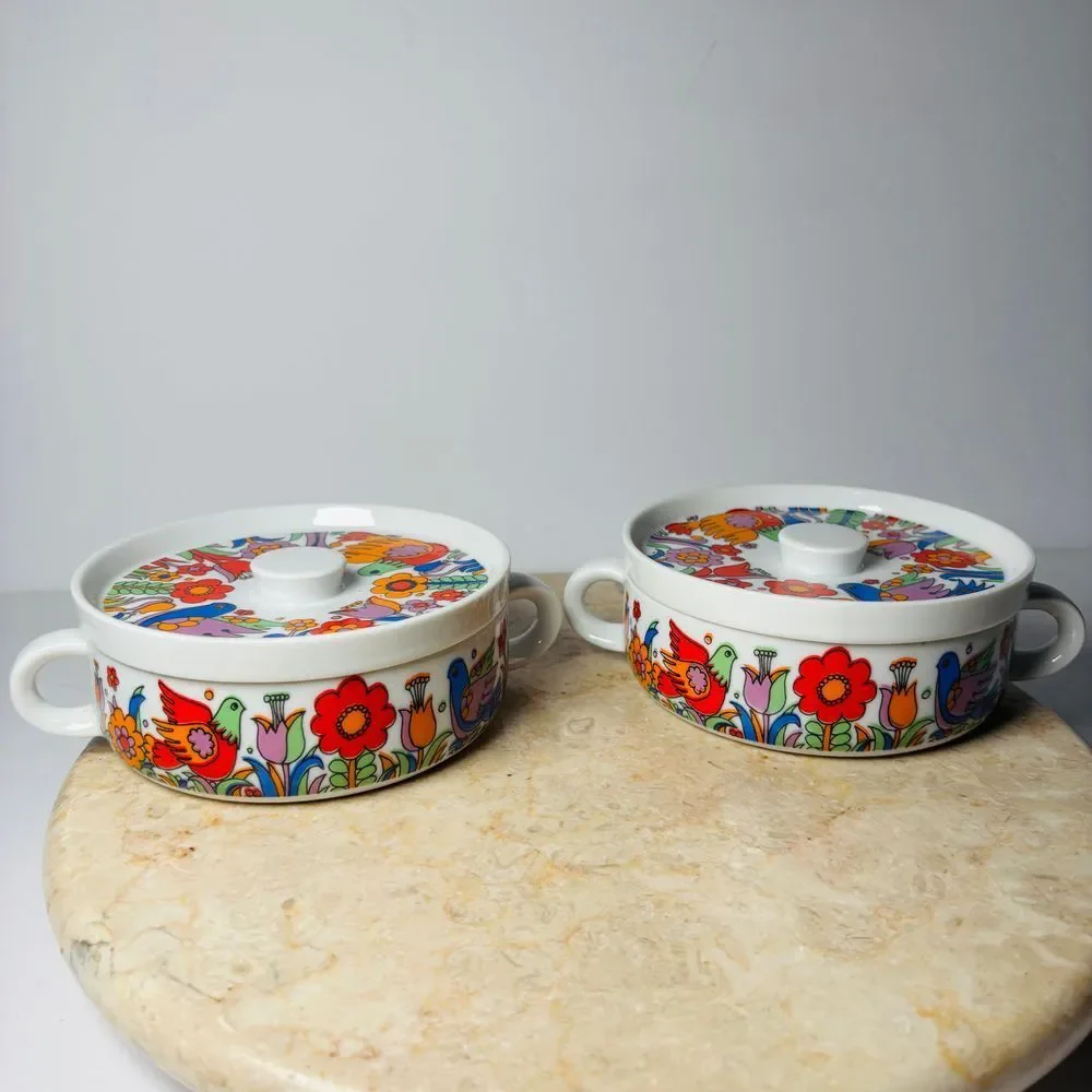 3 Vintage Crown Royal Porcelain Paradise Pattern Bowl & Lid Oven proof 3697‎